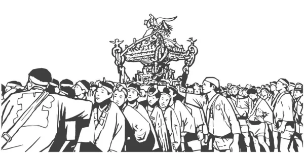 Ilustrace Japonského Slavnostního Průvodu Černobílém — Stockový vektor