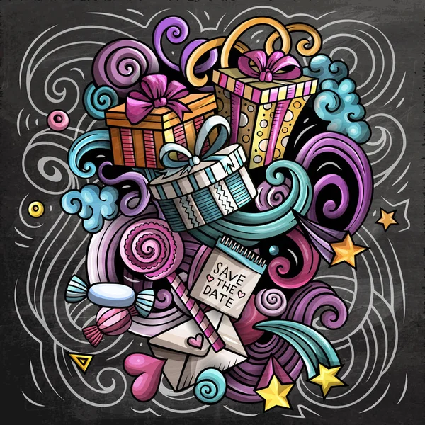 Happy Birthday raster doodles illustration. Holiday elements and objects cartoon background. Chalkboard funny picture.