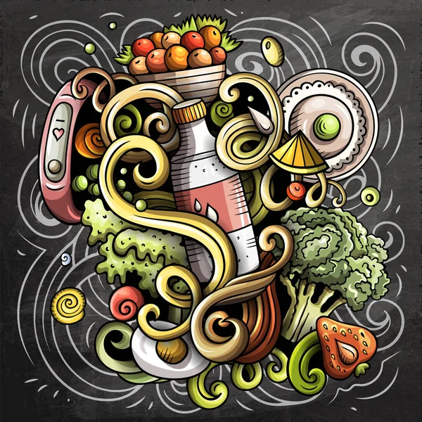卡通光栅涂鸦饮食食品插图 色彩斑斓 有大量的对象背景 所有物体 黑板饮食搞笑图片 — 图库照片