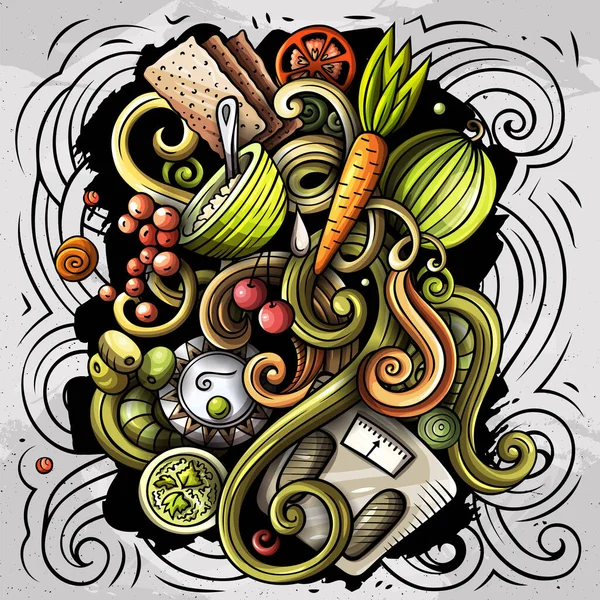 Cartoon Raster Doodles Dieta Ilustração Alimentar Colorido Detalhado Com Muitos — Fotografia de Stock