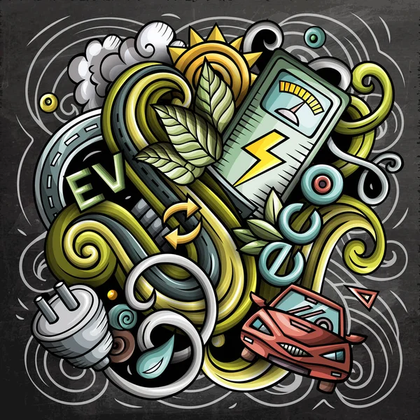 Electric Cars cartoon raster doodle design. Chalkboard detailed composition with lot of eco transport objects and symbols