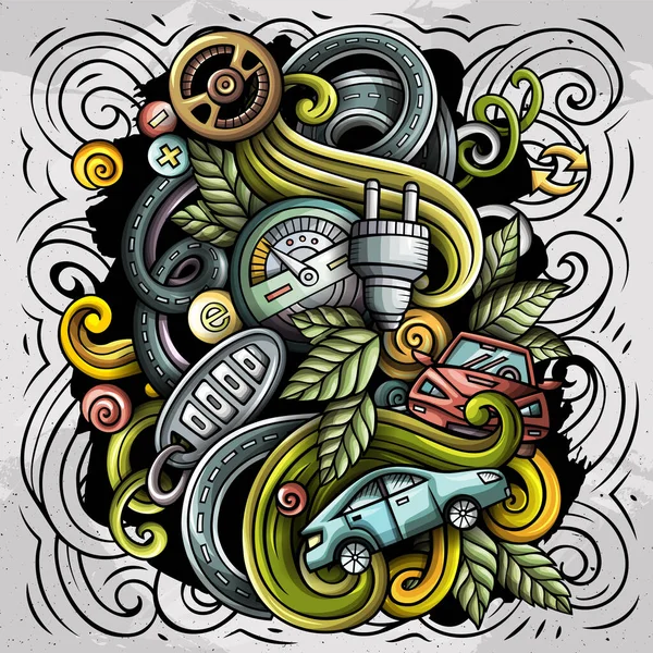 Electric Cars cartoon raster doodle design. Colorful detailed composition with lot of eco transport objects and symbols