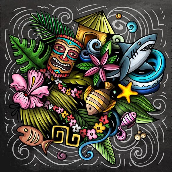 夏威夷卡通光栅涂鸦设计 黑板的详细组成与夏威夷的许多物体和符号 — 图库照片