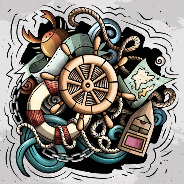 航海漫画栅格插图 五颜六色的详细构图 有大量的海洋物体和符号 — 图库照片