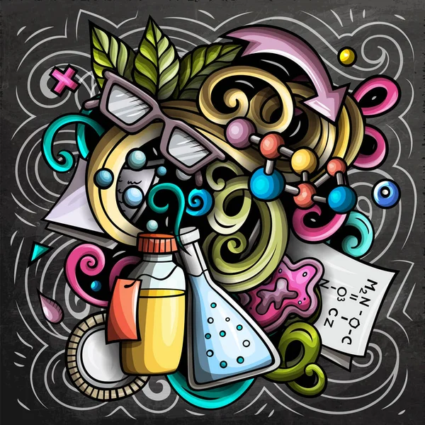 Science cartoon raster doodle design. Chalkboard detailed composition with lot of scientific objects and symbols