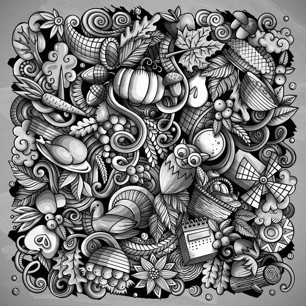 Cartoon Raster Doodles Happy Thanksgiving Day Illustration Monochrome Detailed Lots — Stock Photo, Image