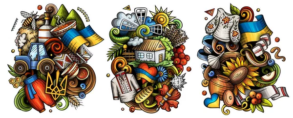 Ukraine Cartoon Raster Doodle Designs Set Colorful Detailed Compositions Lot — Stock Photo, Image