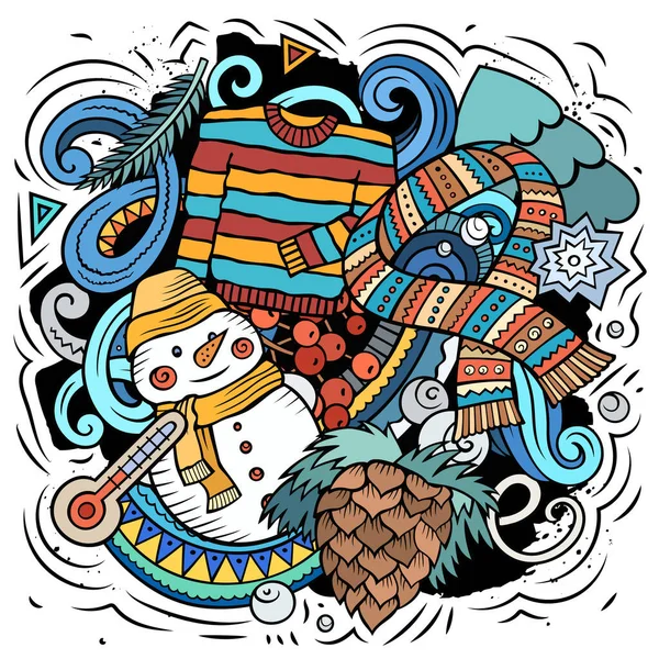 Γελοιογραφία Raster Doodles Χειμερινή Απεικόνιση Πολύχρωμο Λεπτομερές Φόντο Πολλά Αντικείμενα — Φωτογραφία Αρχείου