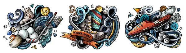 Kış Sporları Çizgi Filmi Raster Karalama Tasarımları Seti Soğuk Mevsim — Stok fotoğraf