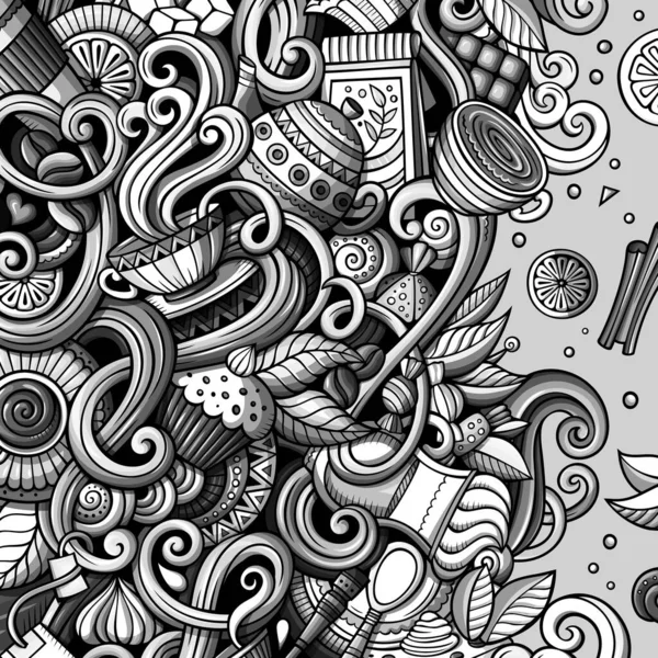 Tecknad Handritade Doodles Café Kafé Illustration Monokrom Detaljerad Med Massor — Stockfoto