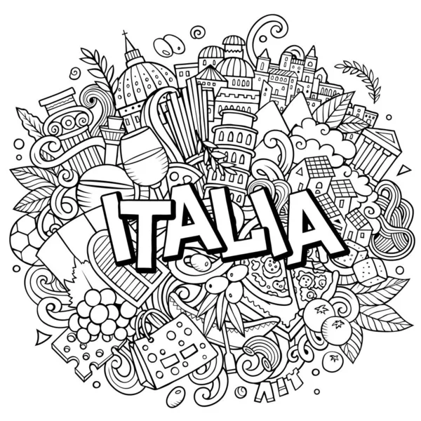 イタリア手描きの漫画の落書きイラスト 面白い旅行デザイン 創造的なアートラスターの背景 イタリア語の記号 オブジェクトと手書きのテキスト スケッチな構成 — ストック写真