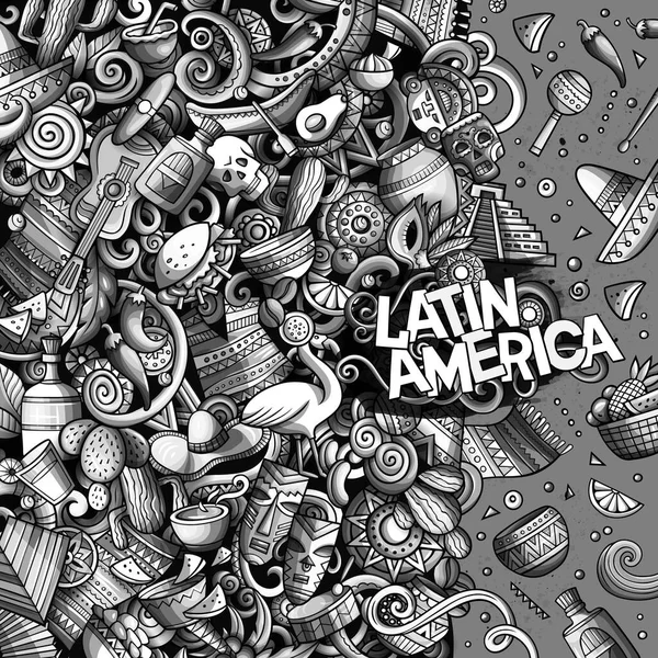 Cartoon cute doodles hand drawn latinamerican frame design. Funny raster illustration. Monochrome border with Latin America theme items