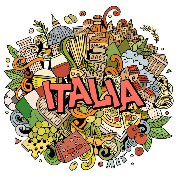 イタリア手描きの漫画の落書きイラスト 面白い旅行デザイン 創造的なアートラスターの背景 イタリア語の記号 オブジェクトと手書きのテキスト カラフルな構図 — ストック写真