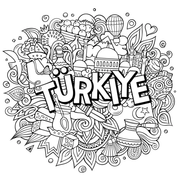 トルコ手描きの漫画の落書きイラスト 面白い旅行デザイン 創造的なアートラスターの背景 トルコの記号 要素やオブジェクトと手書きのテキスト スケッチな構成 — ストック写真