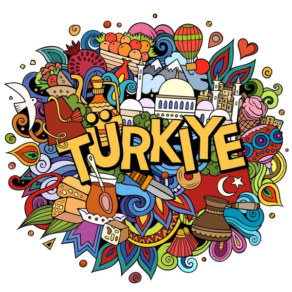 Turkey hand drawn cartoon doodles illustration. Funny travel design. Creative art raster background. Handwritten text with Turkish symbols, elements and objects. Colorful composition