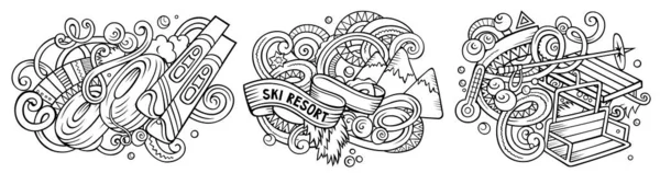 Wintersport Cartoon Raster Doodle Designs Set Skizzenhafte Detailkompositionen Mit Vielen — Stockfoto