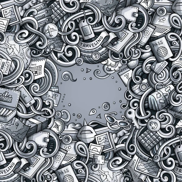 Cartoon Niedliche Kritzeleien Handgezeichnet Travel Frame Design Monochrom Detailliert Mit — Stockfoto