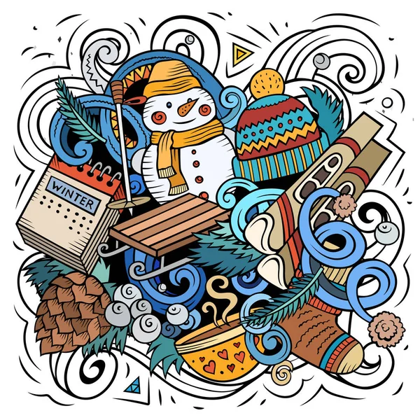 Cartoon Raster Doodles Ilustración Invierno Colorido Detallado Con Muchos Objetos — Foto de Stock