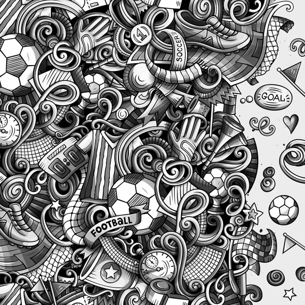 Cartoon raster doodles Soccer frame. Monochrome, detailed, with lots of objects background. All objects . Graphics football funny border