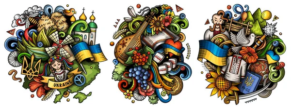 Ucrânia Desenhos Animados Raster Doodle Set Composições Detalhadas Coloridas Com — Fotografia de Stock