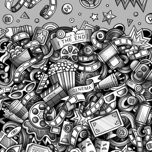 Cartoon cute doodles cinema frame design. detailed, with lots of objects background. Funny raster illustration. Monochrome border with movie theme items