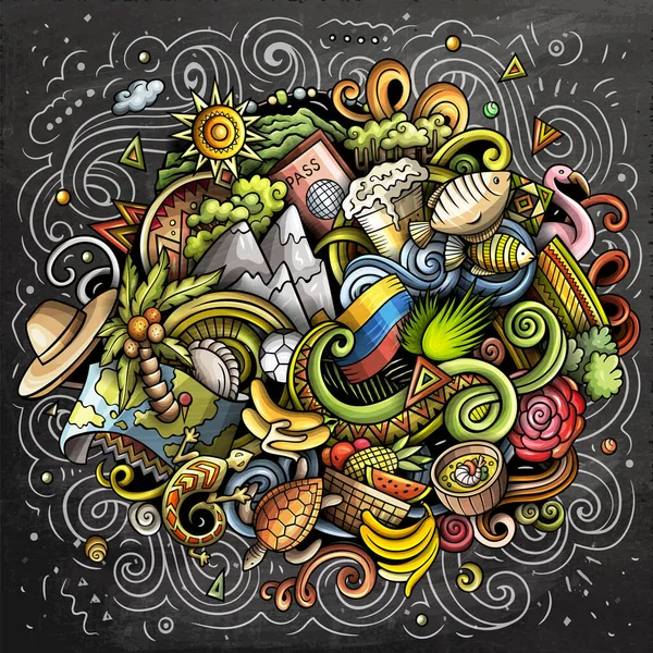 厄瓜多尔手绘漫画涂鸦插图 有趣的旅行设计 黑板艺术栅格背景 拉丁美洲国家要素和目标 — 图库照片
