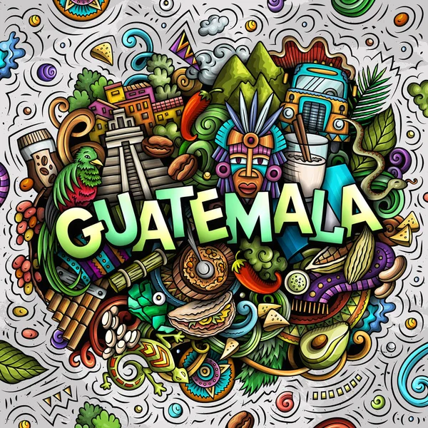 危地马拉卡通涂鸦插图 有趣的设计 创意光栅背景 带有中美洲元素和对象的手写文本 色彩斑斓的作品 — 图库照片