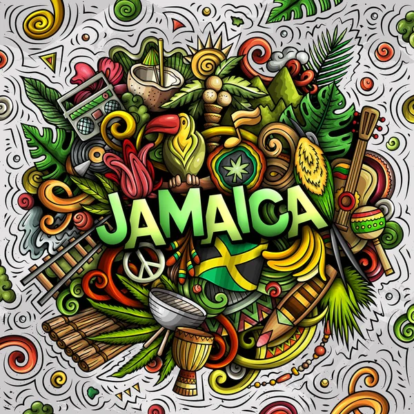 ジャマイカの漫画の人形イラスト 面白いデザインだ 創造的なラスターの背景 ジャマイカの要素とオブジェクトで手書きのテキスト カラフルな構図 — ストック写真