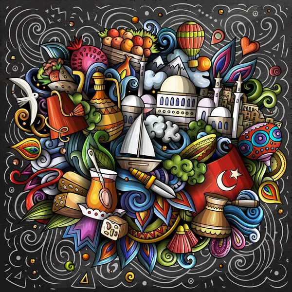 Turkey cartoon raster doodle chalkboard illustration. Colorful detailed composition with lot of Turkish objects and symbols.