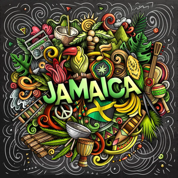 ジャマイカの漫画の人形イラスト 面白いデザインだ 創造的なラスターの背景 ジャマイカの要素とオブジェクトで手書きのテキスト 黒板の構成 — ストック写真