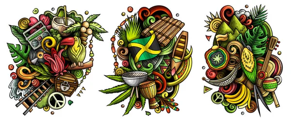 Jamaica Desenhos Animados Raster Doodle Set Composições Detalhadas Coloridas Com — Fotografia de Stock