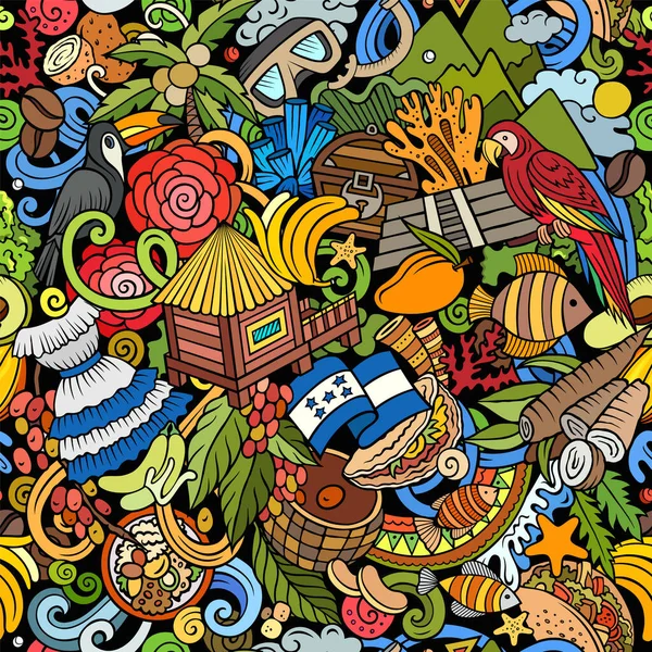 卡通涂鸦使洪都拉斯无缝图案 背靠洪都拉斯当地的文化符号和物品 纺织品 壁纸印刷用色彩艳丽的背景 — 图库照片#