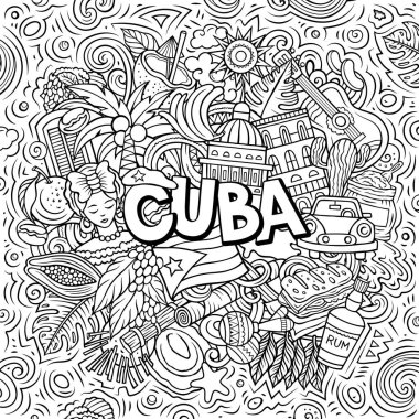 Cuba cartoon doodle illustration. Funny design. Creative raster background. Handwritten text with Cuban elements and objects. Sketchy composition clipart