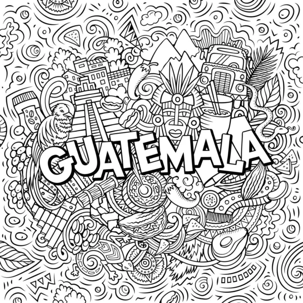 グアテマラの漫画の人形イラスト 面白いデザインだ 創造的なラスターの背景 中央アメリカの要素とオブジェクトと手書きのテキスト スケッチな構成 — ストック写真