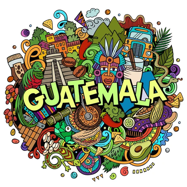 Guatemala cartoon doodle illustration. Funny design. Creative raster background. Handwritten text with Central America elements and objects. Colorful composition