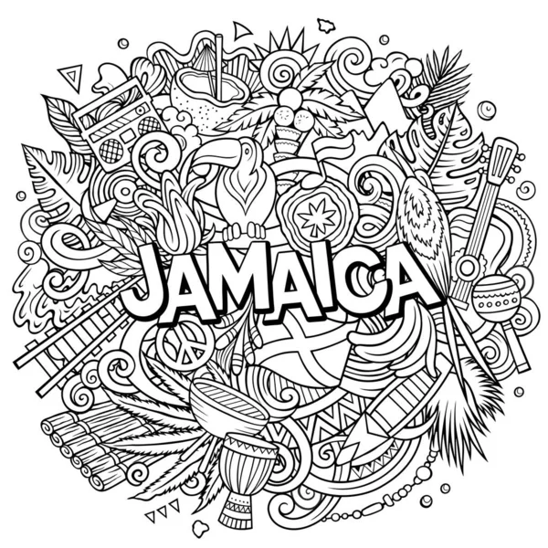 ジャマイカの漫画の人形イラスト 面白いデザインだ 創造的なラスターの背景 ジャマイカの要素とオブジェクトで手書きのテキスト スケッチな構成 — ストック写真