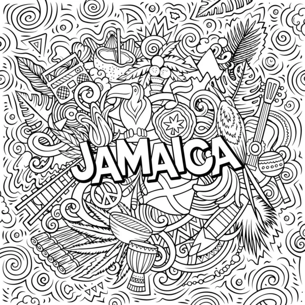 ジャマイカの漫画の人形イラスト 面白いデザインだ 創造的なラスターの背景 ジャマイカの要素とオブジェクトで手書きのテキスト スケッチな構成 — ストック写真
