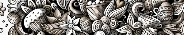 Κινούμενα Σχέδια Χαριτωμένο Μονόχρωμο Doodles Καλή Πάσχα Οριζόντια Banner Σχεδιασμό — Φωτογραφία Αρχείου
