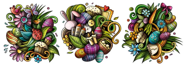 Happy Easter Cartoon Doodle Designs Set Colorful Detailed Compositions Lot — Stock Photo, Image