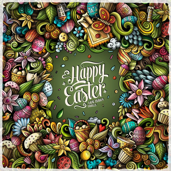 Happy Easter doodle border illustration. Spring Holiday elements and objects cartoon frame background.