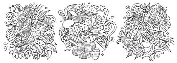 Szczęśliwego Wielkanocnego Kreskówki Doodle Projekty Zestaw Linia Sztuki Szczegółowe Kompozycje — Zdjęcie stockowe