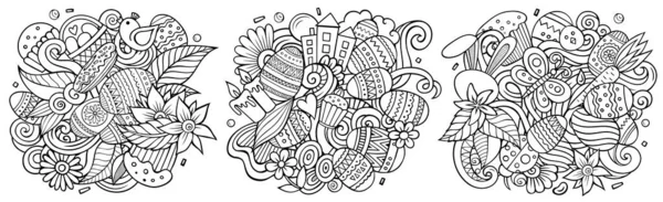 Happy Easter cartoon doodle designs set. Line art detailed compositions with lot of spring holiday objects and symbols