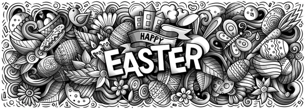Happy Easter hand drawn cartoon doodles illustration. Holiday funny objects and elements poster design. Creative art background. Graphics banner