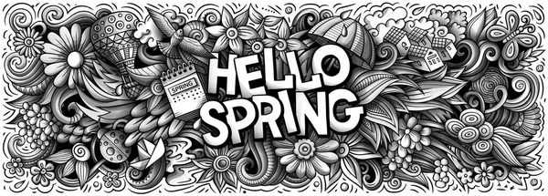 こんにちは春の手描きの漫画の落書きイラスト 季節の面白いオブジェクトや要素のポスターデザイン 創造的なアートの背景 モノクロームバナー — ストック写真