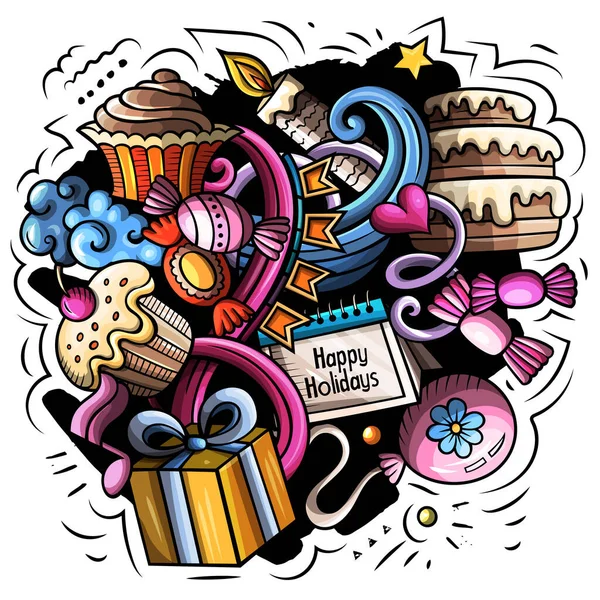 Feliz Aniversário Doodles Ilustração Elementos Férias Objetos Fundo Dos Desenhos — Fotografia de Stock