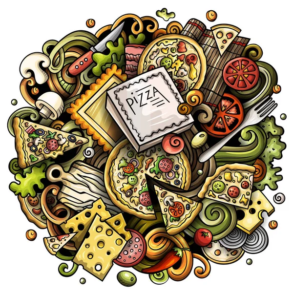 Pizza Cartoon Doodle Illustratie Grappige Creatieve Achtergrond Pizzeria Elementen Objecten — Stockfoto