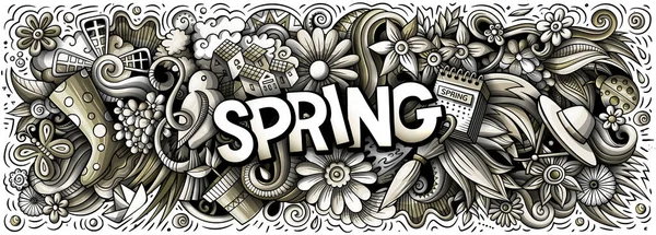 春の手描き漫画の落書きイラスト 季節の面白いオブジェクトや要素のポスターデザイン 創造的なアートの背景 モノクロームバナー — ストック写真