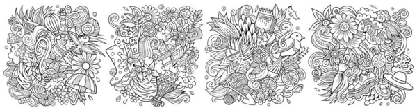 Spring cartoon  doodle designs set. Line art detailed compositions with lot of seasonal objects and symbols