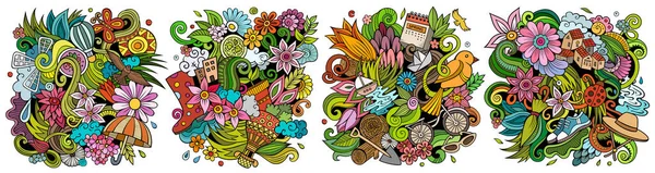 Primavera Cartone Animato Doodle Disegni Set Colorate Composizioni Dettagliate Con — Foto Stock