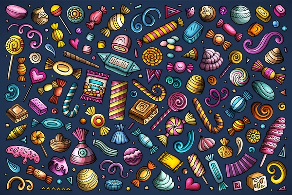 Colorful Doodle Cartoon Set Candies Theme Items Objects Symbols — Stock Photo, Image